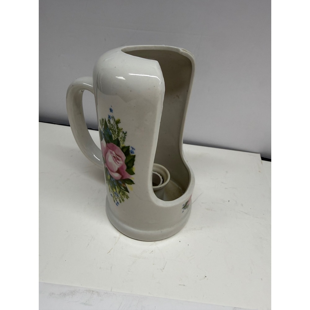 Vintage Ceramic Pink Rose Floral Beer Stein Shaped Candle Holder White Glaze